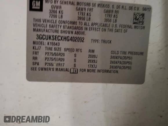 2017 Chevrolet Silverado 1500 LTZ with VIN 3GCUKSECXHG402092, listed as a Copart auction lot 66184525 with 134,501 mi miles and Salvage title. Bid and sale history available at DreamBid. Image 12.