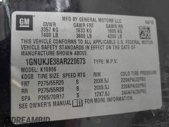 2010 Chevrolet Suburban LT with VIN 1GNUKJE38AR220673, listed as a IAAI auction lot 42626250 with 239,771 mi miles and . Bid and sale history available at DreamBid. Image 9.