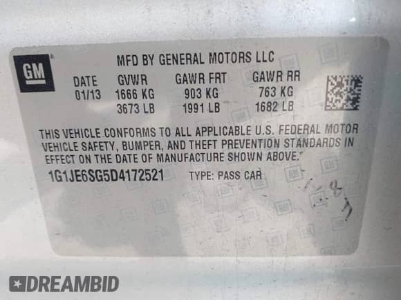 2013 Chevrolet Sonic с VIN 1G1JE6SG5D4172521, выставлен на аукционе IAAI как лот 42168870 с пробегом 190 558 миль миль и . История ставок и продаж доступна на DreamBid. Изображение 9.