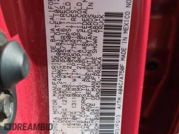 2013 Toyota Tacoma z VIN 3TMLU4EN9DM109881, wystawiony jako Copart lot #65328175 z przebiegiem 209 951 mil mil oraz Szkoda całkowita • Salvage title. Historia ofert i sprzedaży dostępna na DreamBid. Obrazek 12.