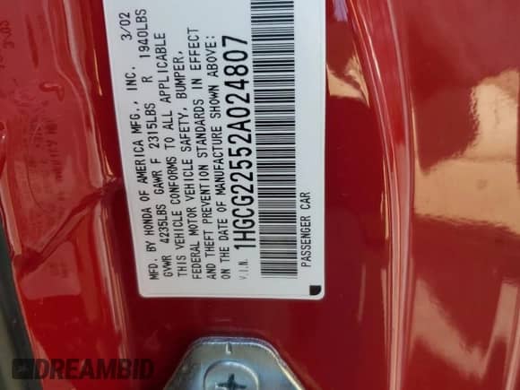 2002 Honda Accord EX с VIN 1HGCG22552A024807, выставлен на аукционе Copart как лот 81025385 с пробегом 118 708 миль миль и Списание • Salvage title. История ставок и продаж доступна на DreamBid. Изображение 12.