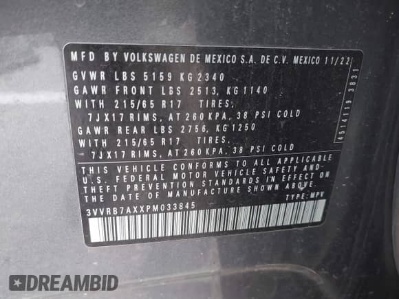 2023 Volkswagen Tiguan S с VIN 3VVRB7AXXPM033845, выставлен на аукционе IAAI как лот 40918862 с пробегом 38 122 миль миль и . История ставок и продаж доступна на DreamBid. Изображение 9.