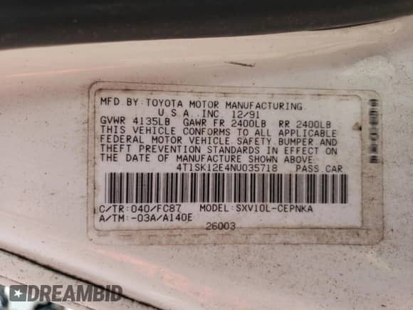 1992 Toyota Camry LE с VIN 4T1SK12E4NU035718, выставлен на аукционе Copart как лот 65820495 с пробегом 173 695 миль миль и Чистый • Clean title. История ставок и продаж доступна на DreamBid. Изображение 12.