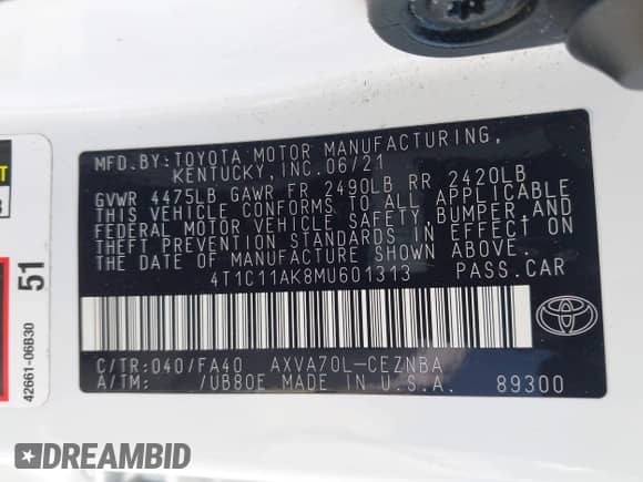 2021 Toyota Camry LE with VIN 4T1C11AK8MU601313, listed as a IAAI auction lot 43383218 with 34,384 mi miles and . Bid and sale history available at DreamBid. Image 9.