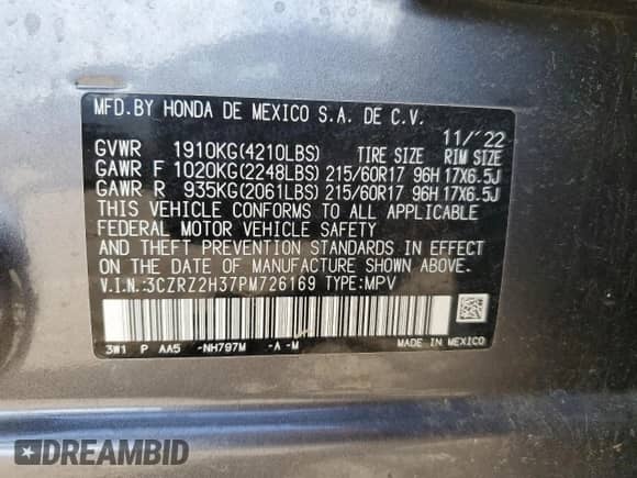 2023 Honda HR-V LX with VIN 3CZRZ2H37PM726169, listed as a Copart auction lot 83828855 with 18,812 mi miles and Salvage title. Bid and sale history available at DreamBid. Image 13.