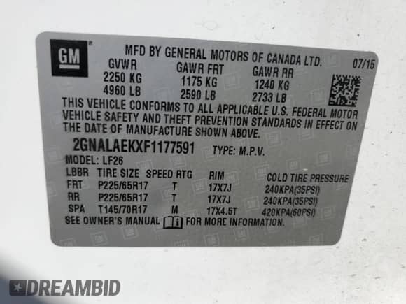 2015 Chevrolet Equinox LS with VIN 2GNALAEKXF1177591, listed as a Copart auction lot 84191285 with 105,499 mi miles and Salvage title. Bid and sale history available at DreamBid. Image 13.