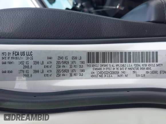 2017 Dodge Durango GT with VIN 1C4RDHDG2HC690264, listed as a IAAI auction lot 43099716 with 184,934 mi miles and . Bid and sale history available at DreamBid. Image 9.