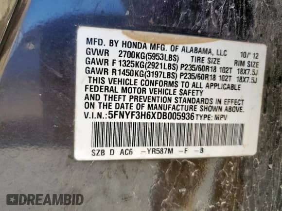2013 Honda Pilot EX-L with VIN 5FNYF3H6XDB005936, listed as a Copart auction lot 69579275 with 255,832 mi miles and Clean title. Bid and sale history available at DreamBid. Image 13.