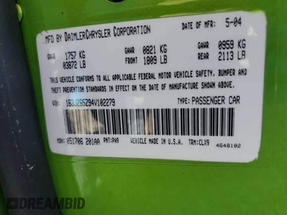 2004 Dodge Viper SRT-10 with VIN 1B3JZ65Z94V102279, listed as a Copart auction lot 81631294 with Not provided miles and Non repairable. Bid and sale history available at DreamBid. Image 13.