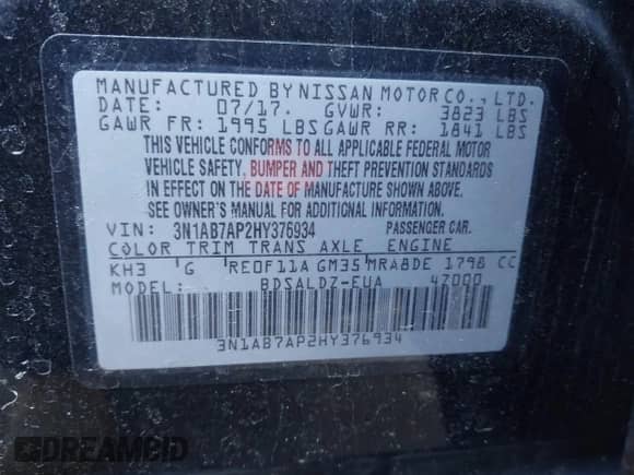 2017 Nissan Sentra SR with VIN 3N1AB7AP2HY376934, listed as a IAAI auction lot 43409657 with 107,874 mi miles and . Bid and sale history available at DreamBid. Image 9.