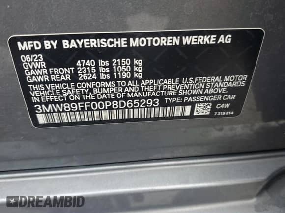 2023 BMW 3 Series 330i xDrive с VIN 3MW89FF00P8D65293, выставлен на аукционе Copart как лот 81683585 с пробегом 30 039 миль миль и Списание • Salvage title. История ставок и продаж доступна на DreamBid. Изображение 12.