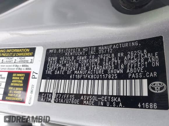 2012 Toyota Camry L with VIN 4T1BF1FK8CU117825, listed as a IAAI auction lot 43459469 with 160,460 mi miles and . Bid and sale history available at DreamBid. Image 9.