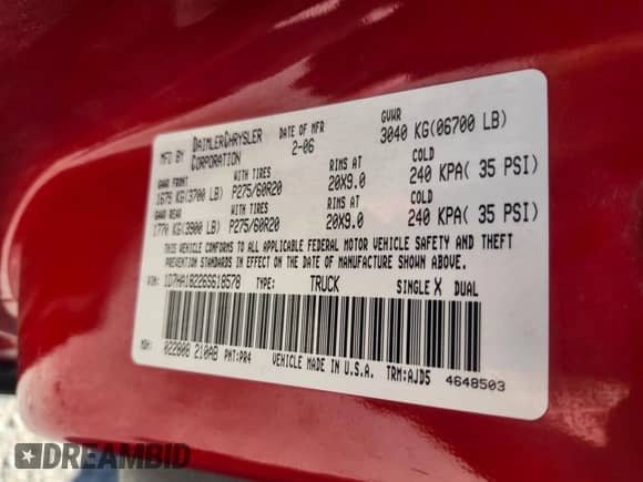 2006 Dodge 1500 Laramie with VIN 1D7HA18226S618578, listed as a IAAI auction lot 43520999 with Not provided miles and . Bid and sale history available at DreamBid. Image 9.