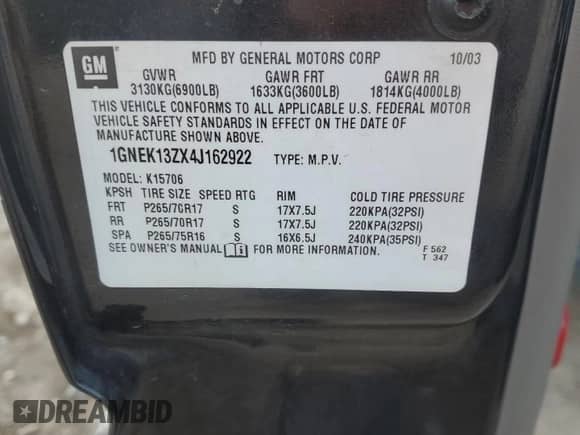 2004 Chevrolet Tahoe LT z VIN 1GNEK13ZX4J162922, wystawiony jako Copart lot #85115375 z przebiegiem 176 302 mil mil oraz Szkoda całkowita • Salvage title. Historia ofert i sprzedaży dostępna na DreamBid. Obrazek 13.