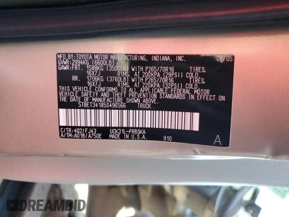 2005 Toyota Tundra SR5 с VIN 5TBET34185S496566, выставлен на аукционе Copart как лот 81779275 с пробегом 170 890 миль миль и Списание • Salvage title. История ставок и продаж доступна на DreamBid. Изображение 12.