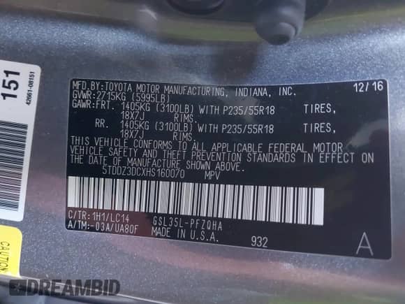 2017 Toyota Sienna XLE with VIN 5TDDZ3DCXHS160070, listed as a IAAI auction lot 42959158 with 69,069 mi miles and . Bid and sale history available at DreamBid. Image 9.