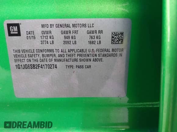 2015 Chevrolet Sonic RS z VIN 1G1JG6SB2F4170274, wystawiony jako IAAI lot #41814307 z przebiegiem 132 246 mil mil oraz . Historia ofert i sprzedaży dostępna na DreamBid. Obrazek 9.