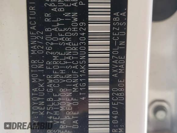 2022 Toyota Camry SE z VIN 4T1G11AK5NU030429, wystawiony jako Copart lot #70127655 z przebiegiem 50 191 mil mil oraz Szkoda całkowita • Salvage title. Historia ofert i sprzedaży dostępna na DreamBid. Obrazek 12.