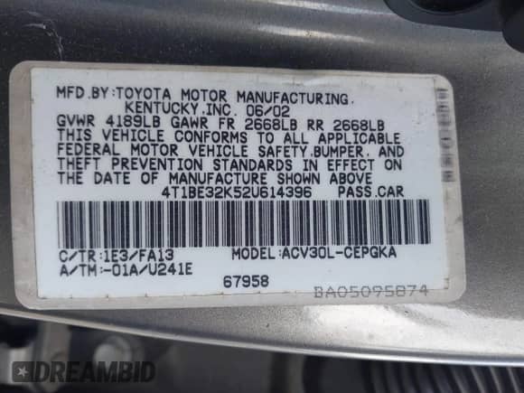 2002 Toyota Camry LE с VIN 4T1BE32K52U614396, выставлен на аукционе IAAI как лот 42345601 с пробегом 198 506 миль миль и . История ставок и продаж доступна на DreamBid. Изображение 9.