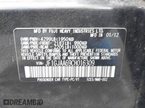 2012 Subaru Impreza 2.0i z VIN JF1GJAA69CH016309, wystawiony jako IAAI lot #42238271 z przebiegiem 223 870 mil mil oraz . Historia ofert i sprzedaży dostępna na DreamBid. Obrazek 9.