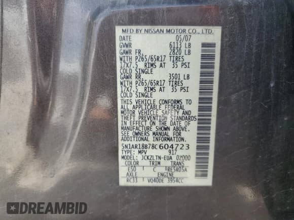 2008 Nissan Pathfinder SE z VIN 5N1AR18B78C604723, wystawiony jako Copart lot #70029635 z przebiegiem 207 099 mil mil oraz Czysty tytuł • Clean title. Historia ofert i sprzedaży dostępna na DreamBid. Obrazek 14.