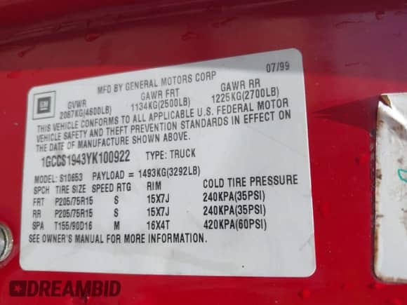 2000 Chevrolet S-10 LS с VIN 1GCCS1943YK100922, выставлен на аукционе IAAI как лот 42869646 с пробегом 162 108 миль миль и . История ставок и продаж доступна на DreamBid. Изображение 9.