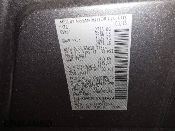 2015 Nissan Pathfinder Platinum with VIN 5N1AR2MMXFC661069, listed as a IAAI auction lot 42406749 with 178,563 mi miles and . Bid and sale history available at DreamBid. Image 9.