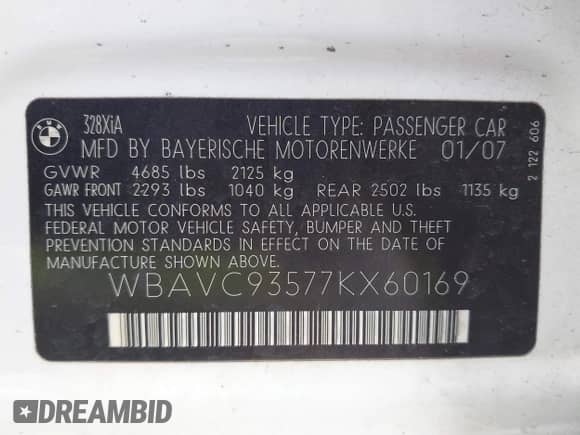 2007 BMW 3 Series 328xi z VIN WBAVC93577KX60169, wystawiony jako IAAI lot #43103137 z przebiegiem 167 734 mil mil oraz . Historia ofert i sprzedaży dostępna na DreamBid. Obrazek 9.