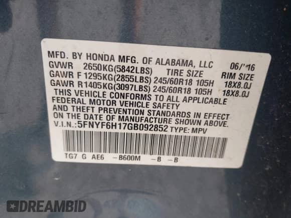 2016 Honda Pilot LX z VIN 5FNYF6H17GB092852, wystawiony jako IAAI lot #42406550 z przebiegiem 141 165 mil mil oraz . Historia ofert i sprzedaży dostępna na DreamBid. Obrazek 9.