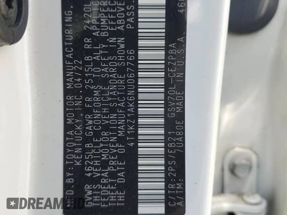 2022 Toyota Camry TRD with VIN 4T1KZ1AK6NU067766, listed as a Copart auction lot 68042055 with 22,775 mi miles and Salvage title. Bid and sale history available at DreamBid. Image 12.