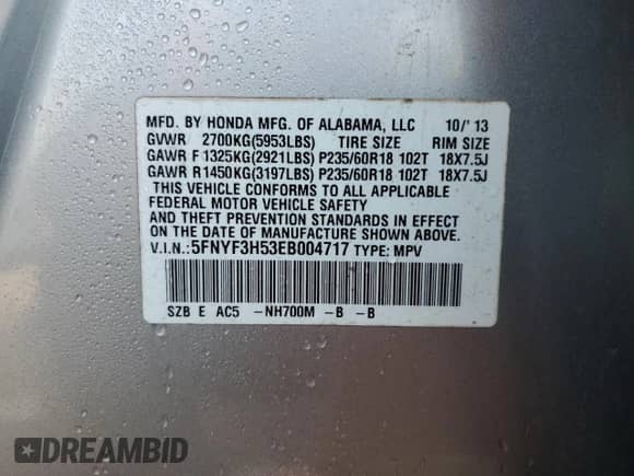 2014 Honda Pilot EX-L with VIN 5FNYF3H53EB004717, listed as a Copart auction lot 67420995 with 126,420 mi miles and Salvage title. Bid and sale history available at DreamBid. Image 13.