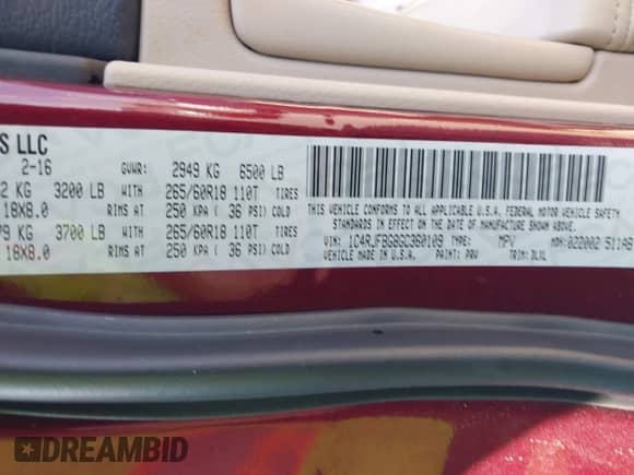 2016 Jeep Grand Cherokee Limited с VIN 1C4RJFBG8GC360109, выставлен на аукционе IAAI как лот 43259712 с пробегом 119 537 миль миль и . История ставок и продаж доступна на DreamBid. Изображение 9.