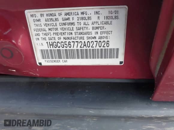 2002 Honda Accord SE with VIN 1HGCG56772A027026, listed as a IAAI auction lot 42627175 with 223,040 mi miles and . Bid and sale history available at DreamBid. Image 9.