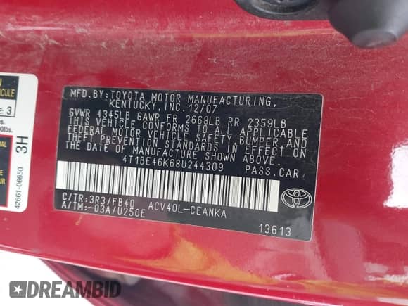 2008 Toyota Camry XLE with VIN 4T1BE46K68U244309, listed as a IAAI auction lot 43255938 with 222,346 mi miles and . Bid and sale history available at DreamBid. Image 9.