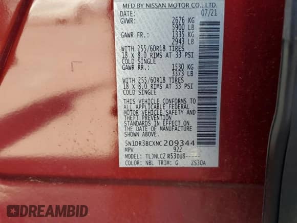 2022 Nissan Pathfinder SV с VIN 5N1DR3BCXNC209344, выставлен на аукционе Copart как лот 70887755 с пробегом Не указан миль и Списание • Salvage title. История ставок и продаж доступна на DreamBid. Изображение 12.