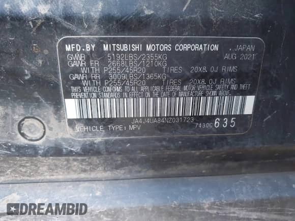 2022 Mitsubishi Outlander SE with VIN JA4J4UA84NZ031723, listed as a IAAI auction lot 43492417 with 113,752 mi miles and . Bid and sale history available at DreamBid. Image 9.