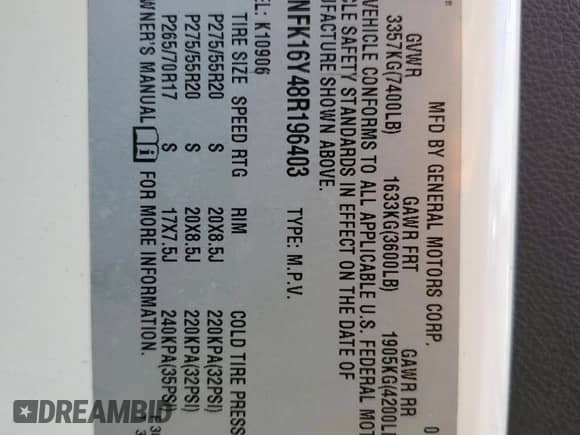 2008 Chevrolet Suburban LTZ z VIN 1GNFK16Y48R196403, wystawiony jako Copart lot #52687375 z przebiegiem Nie podano mil oraz Nie do naprawy • Non repairable. Historia ofert i sprzedaży dostępna na DreamBid. Obrazek 14.