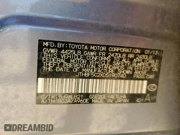 2013 Lexus IS 250 z VIN JTHBF5C2XD5190740, wystawiony jako Copart lot #70972335 z przebiegiem 193 356 mil mil oraz Szkoda całkowita • Salvage title. Historia ofert i sprzedaży dostępna na DreamBid. Obrazek 12.