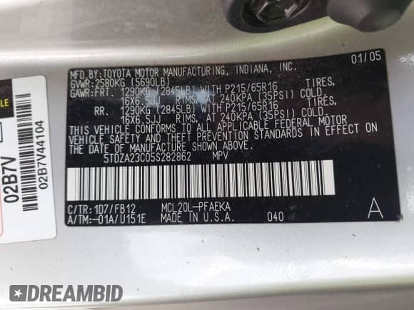 2005 Toyota Sienna CE с VIN 5TDZA23C05S282862, выставлен на аукционе IAAI как лот 42302628 с пробегом 213 953 миль миль и . История ставок и продаж доступна на DreamBid. Изображение 9.