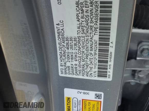 2023 Honda Accord Sport-L with VIN 1HGCY2F78PA024347, listed as a Copart auction lot 56521245 with Not provided miles and Salvage title. Bid and sale history available at DreamBid. Image 12.