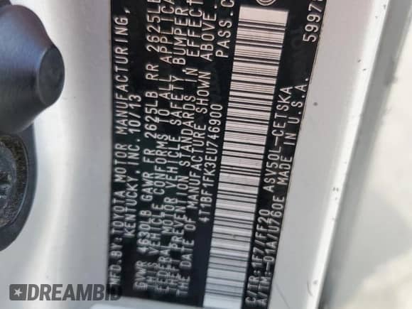 2014 Toyota Camry SE с VIN 4T1BF1FK3EU746900, выставлен на аукционе Copart как лот 65177555 с пробегом 110 136 миль миль и Списание • Salvage title. История ставок и продаж доступна на DreamBid. Изображение 12.