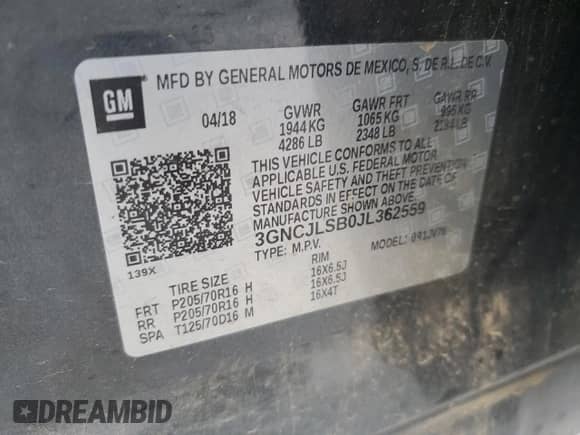 2018 Chevrolet Trax LT z VIN 3GNCJLSB0JL362559, wystawiony jako Copart lot #69436365 z przebiegiem 102 481 mil mil oraz Szkoda całkowita • Salvage title. Historia ofert i sprzedaży dostępna na DreamBid. Obrazek 14.