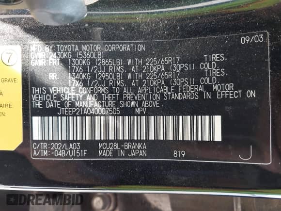 2004 Toyota Highlander с VIN JTEEP21A040007505, выставлен на аукционе IAAI как лот 42739514 с пробегом 223 846 миль миль и . История ставок и продаж доступна на DreamBid. Изображение 9.