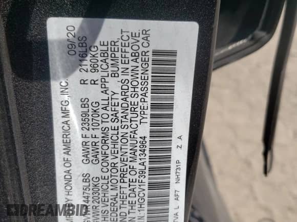 2020 Honda Accord Sport с VIN 1HGCV1F39LA134964, выставлен на аукционе Copart как лот 65680605 с пробегом 74 144 миль миль и Списание • Salvage title. История ставок и продаж доступна на DreamBid. Изображение 12.
