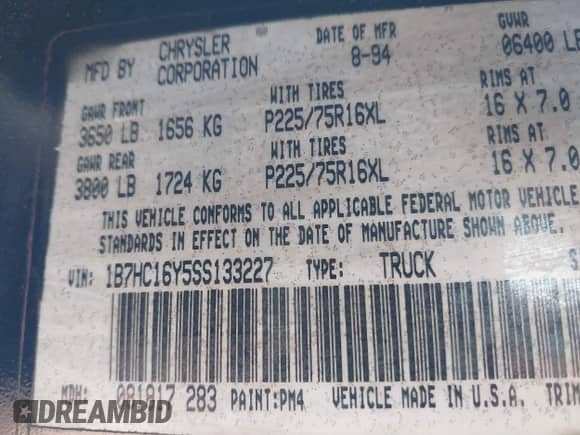 1995 Dodge 1500 с VIN 1B7HC16Y5SS133227, выставлен на аукционе IAAI как лот 41853447 с пробегом 272 391 миль миль и . История ставок и продаж доступна на DreamBid. Изображение 9.