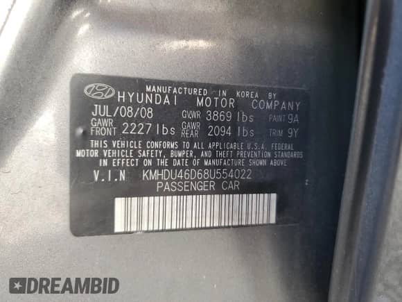 2008 Hyundai Elantra GLS с VIN KMHDU46D68U554022, выставлен на аукционе Copart как лот 86550085 с пробегом 253 395 миль миль и Списание • Salvage title. История ставок и продаж доступна на DreamBid. Изображение 12.