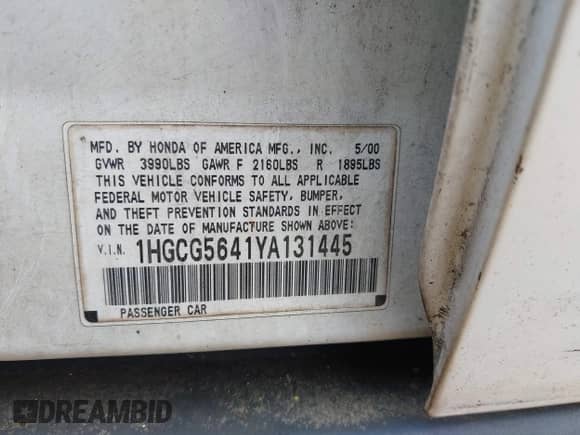 2000 Honda Accord LX z VIN 1HGCG5641YA131445, wystawiony jako IAAI lot #42441064 z przebiegiem 208 017 mil mil oraz . Historia ofert i sprzedaży dostępna na DreamBid. Obrazek 9.
