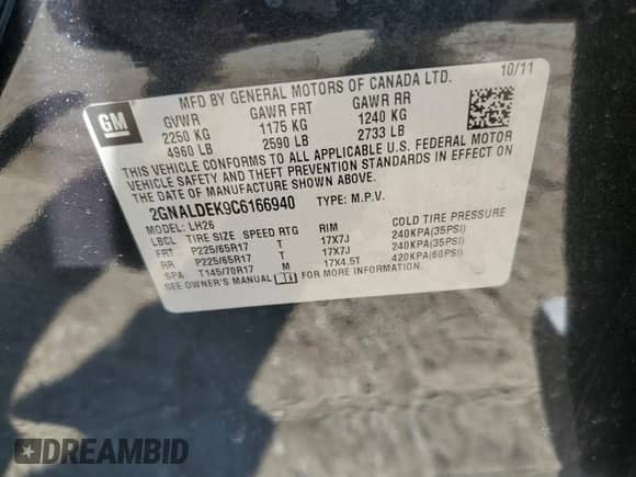 2012 Chevrolet Equinox 1LT with VIN 2GNALDEK9C6166940, listed as a Copart auction lot 71246285 with 54,164 mi miles and Salvage title. Bid and sale history available at DreamBid. Image 13.