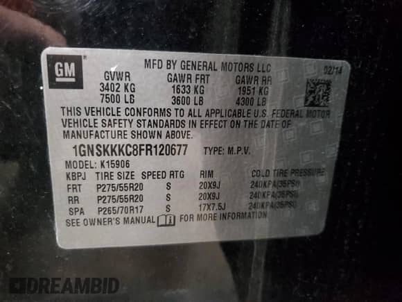 2015 Chevrolet Suburban LTZ с VIN 1GNSKKKC8FR120677, выставлен на аукционе Copart как лот 86426505 с пробегом 156 320 миль миль и Списание • Salvage title. История ставок и продаж доступна на DreamBid. Изображение 14.