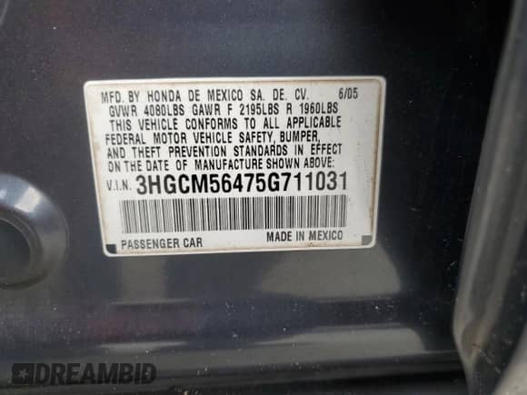 2005 Honda Accord LX with VIN 3HGCM56475G711031, listed as a Copart auction lot 85318065 with Not provided miles and Salvage title. Bid and sale history available at DreamBid. Image 12.